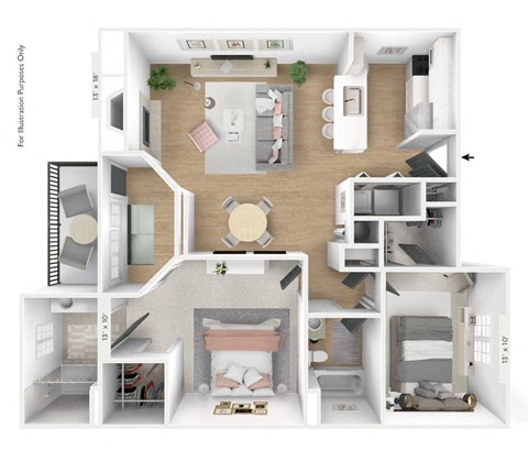 Floor plan for 2 beds, 2 baths, 1077 sqft